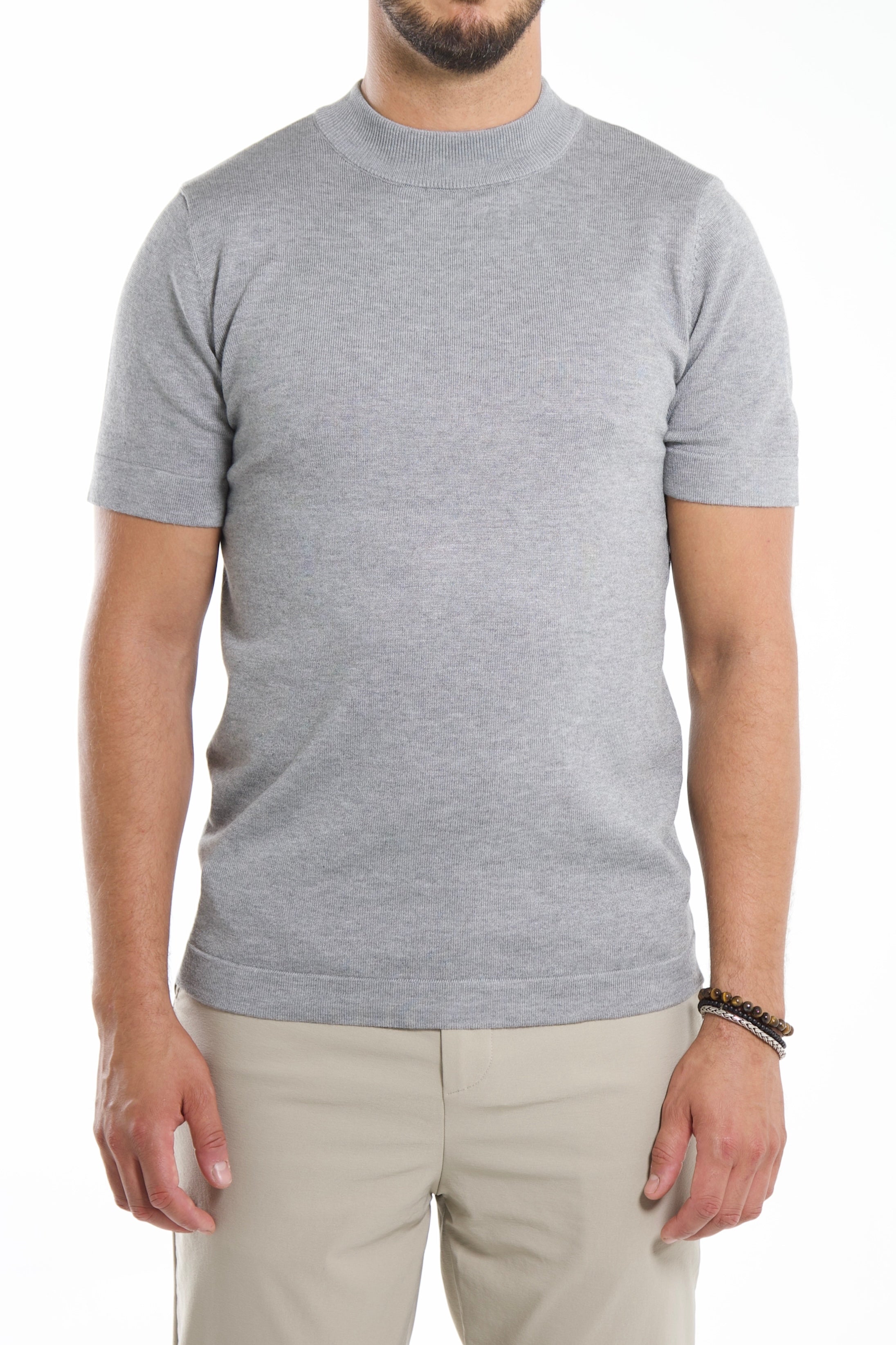 T-Shirt met geribbelde hals - Grijs