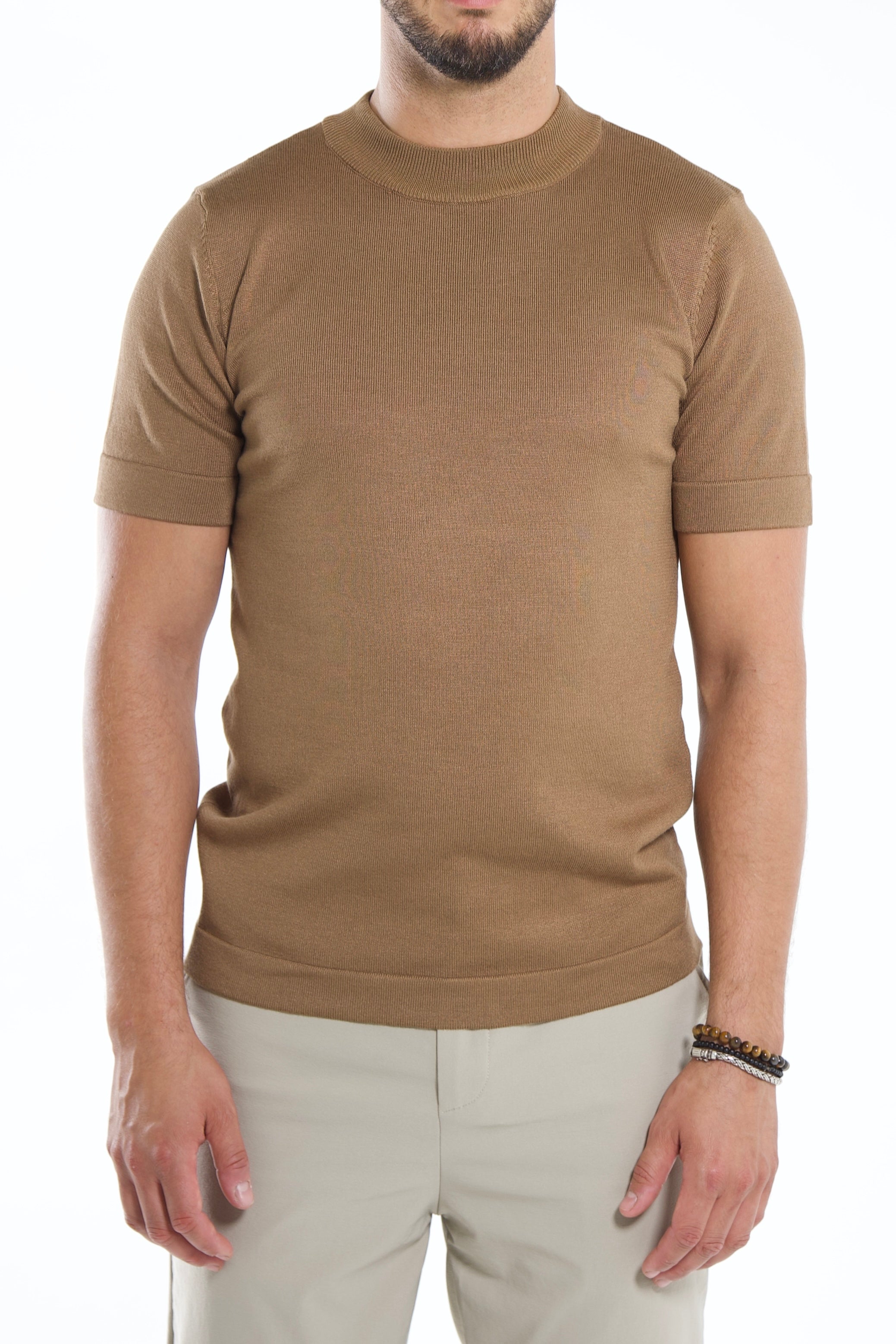 T-Shirt met geribbelde hals - Bruin