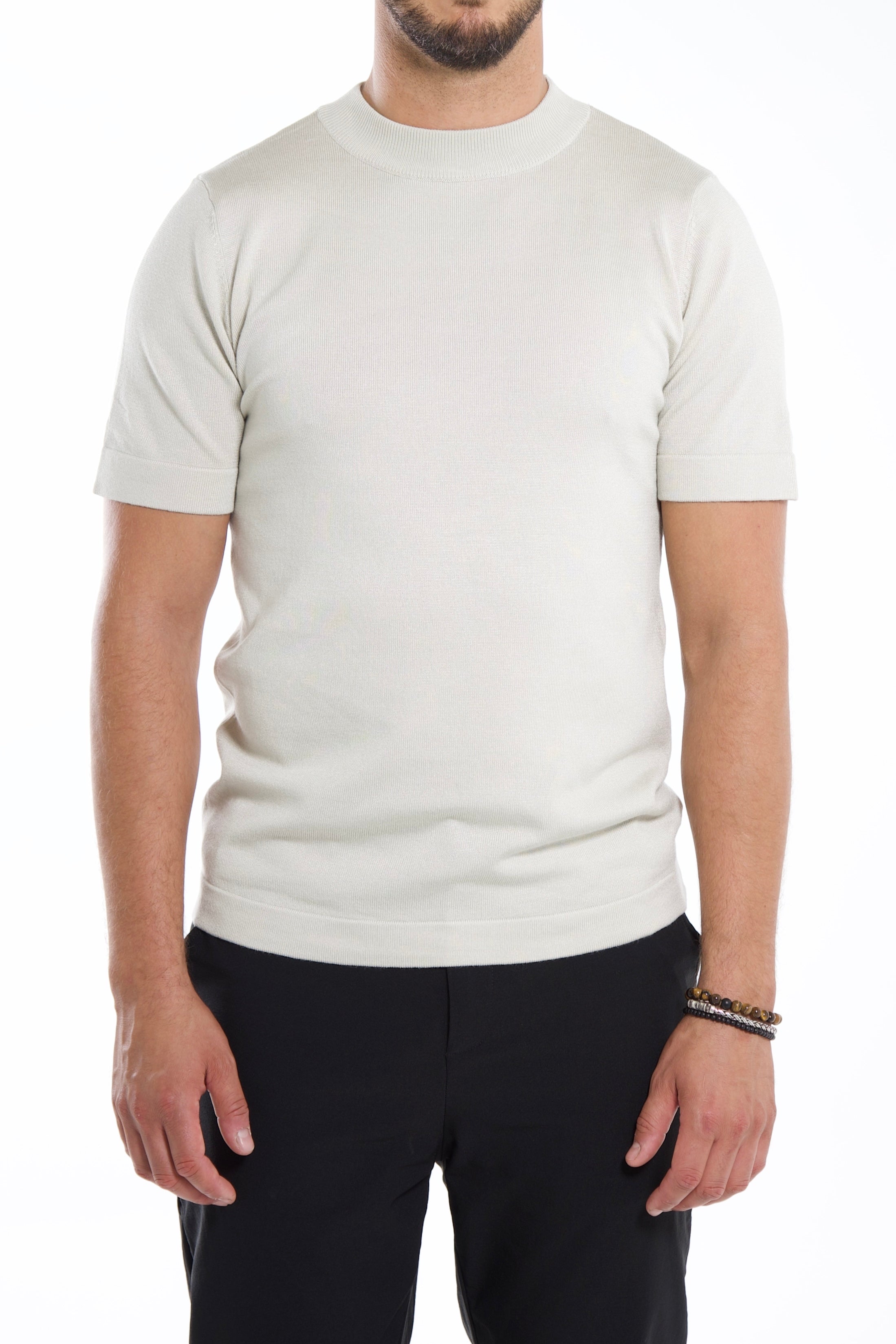 T-Shirt met geribbelde hals - Taupe
